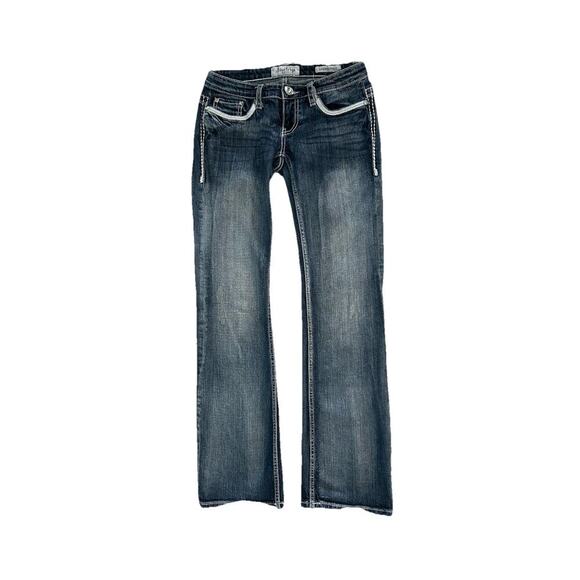 Womens Y2K Daytrip Denim Jeans Embroidered Pockets Gemstones Leo Bootcut 27x31 - Picture 1 of 9